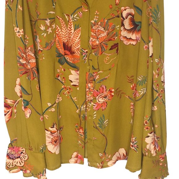 Gibson + Latimer Blouse Womens XL Green Floral Ruffle Cuff Mock Neck Boho Top - Picture 6 of 15